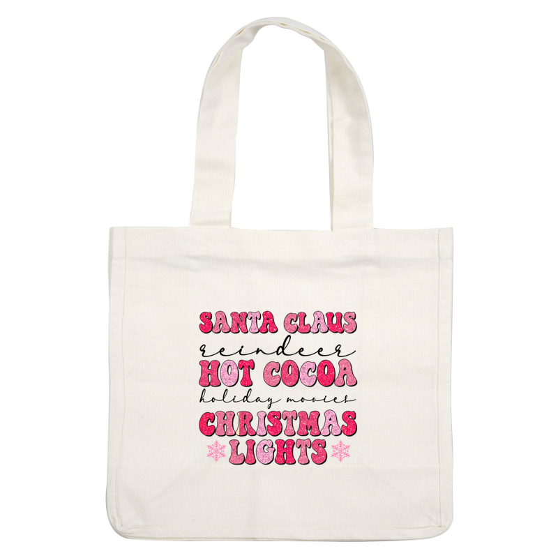 Texto festivo brillante con "Papá Noel", "Chocolate caliente" y "Luces navideñas", ¡perfecto para decoraciones navideñas y alegría!