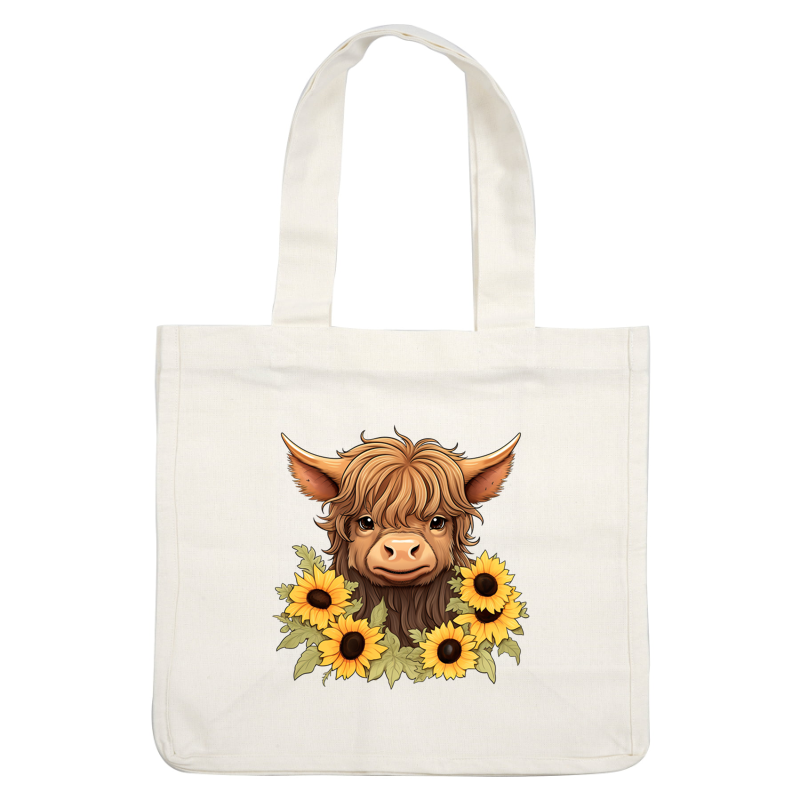 A charming illustration of a Highland cow adorned with sunflowers, capturing its playful spirit and fluffy coat. heat press transfers