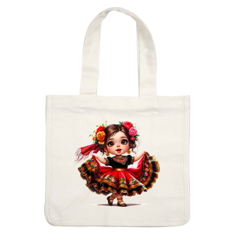A charming young girl in a vibrant traditional dress, adorned with floral accents and a joyful expression, ready to dance. heat press transfers