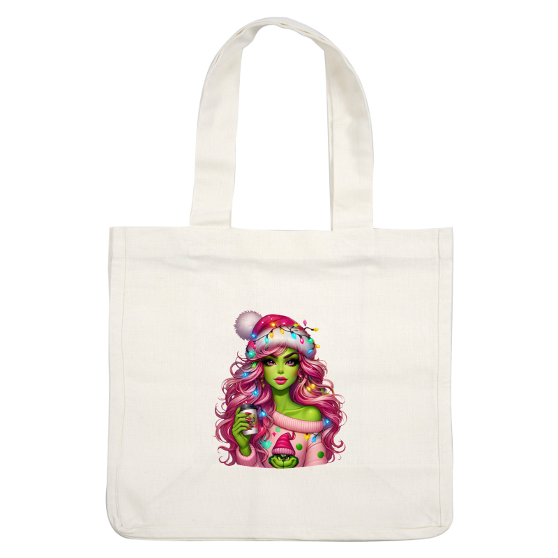 Un personaje festivo de piel verde y cabello rosado, que viste un suéter y luces navideñas, sostiene una bebida y exuda vibraciones alegres. Transferencias DTF