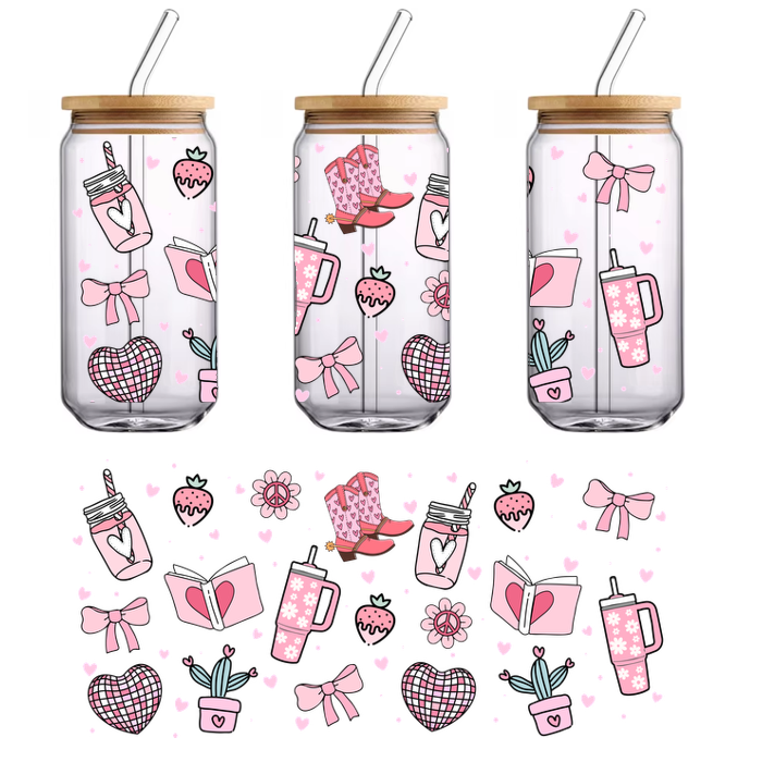 A black background filled with pink and white hearts, flowers, and a glass.UV Transfers