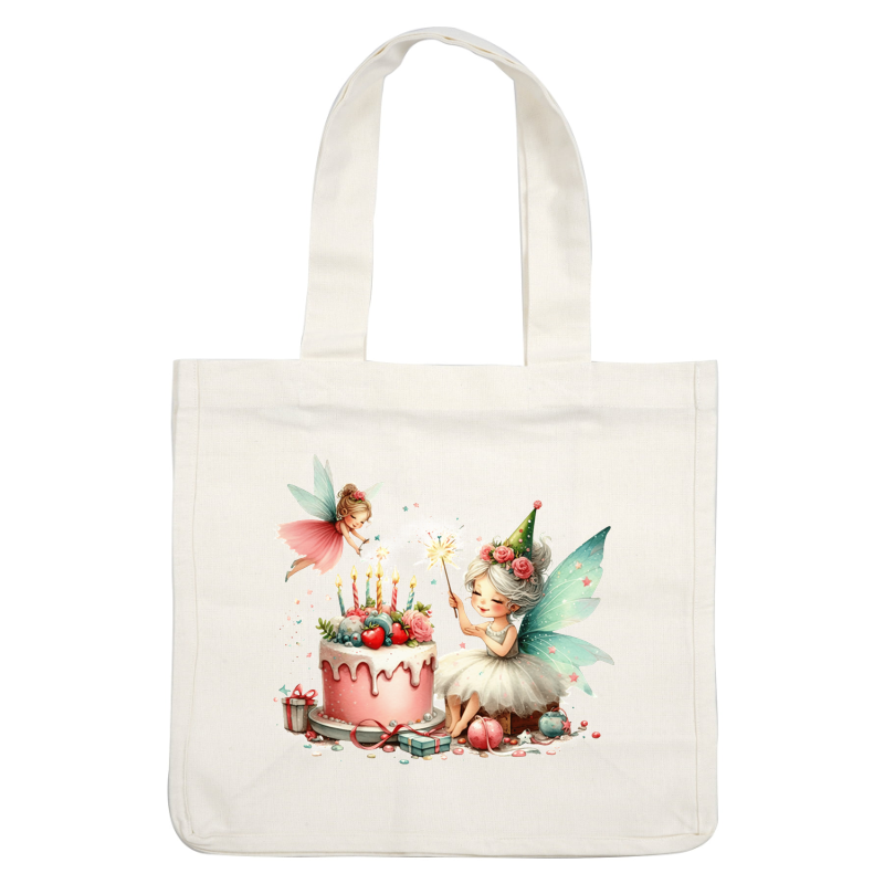 Whimsical illustration of two fairies celebrating a birthday with a beautifully decorated pink cake and festive decorations.DTF Transfers