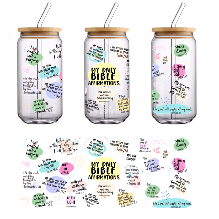 My Daily Bible Affirmations notebook with colorful illustrations.UV Transfers