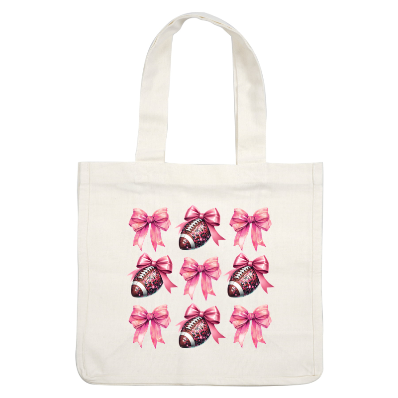 A fun pattern featuring pink and silver footballs adorned with large pink bows, perfect for sports-themed decorations. dtf transfers