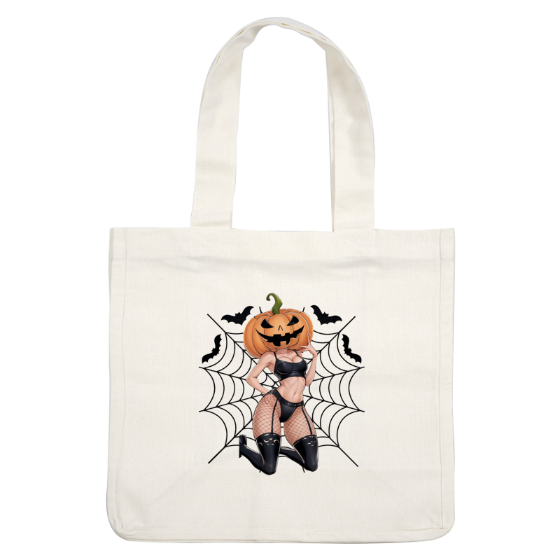 A playful, anthropomorphic pumpkin character styled in a revealing black outfit with fishnet stockings, exuding Halloween charm. dtf transfers