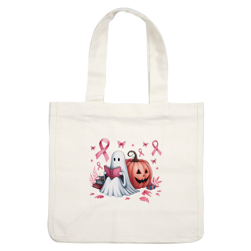 A cute ghost reading a book beside a carved pumpkin, surrounded by pink ribbons and butterflies, celebrating Halloween and awareness.DTF Transfers heat press transfers