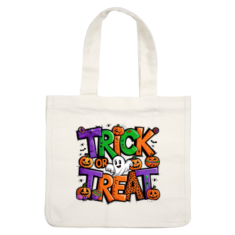 A whimsical Halloween-themed graphic featuring vibrant lettering that reads "Trick or Treat," adorned with pumpkins and a playful ghost. dtf transfers