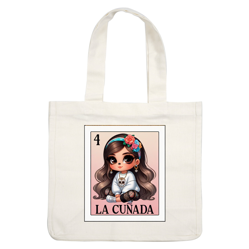 A cute cartoon character with long, wavy hair, wearing a floral headband and a stylish outfit, titled "La Cuñada." dtf transfers