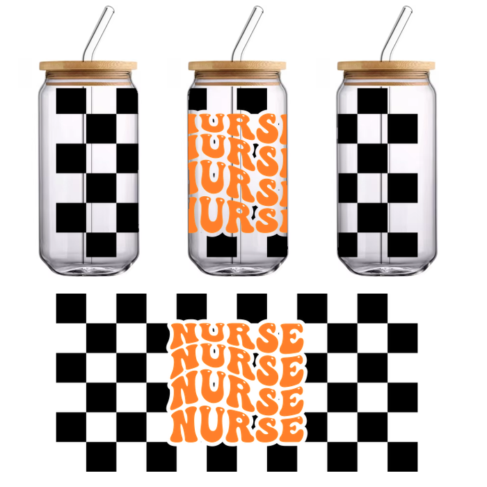 Playful retro-style design featuring the word "NURSE" repeated in bold orange letters. Perfect for celebrating nursing professionals!UV Transfers dtf prints