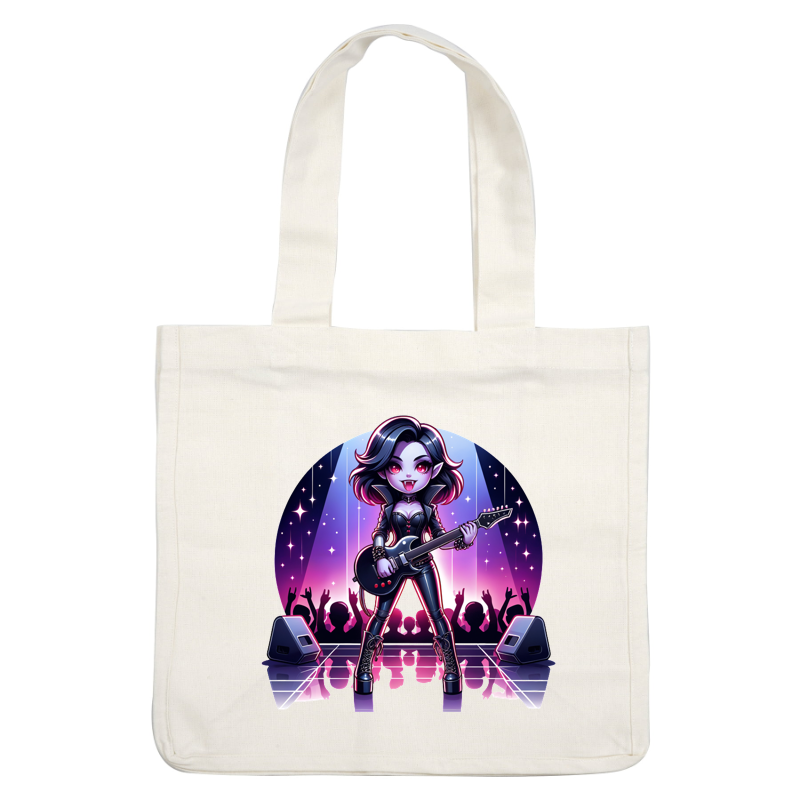 A vibrant cartoon character in a sleek black outfit plays guitar on stage, captivating a cheering crowd with her rock vibe. dtf transfers