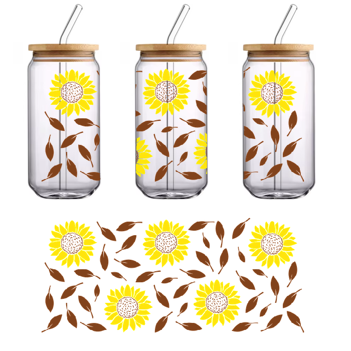 a green tea towel with sunflowers and leaves.UV Transfers