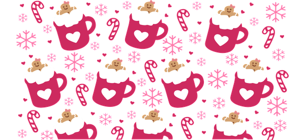 A cheerful pattern featuring pink mugs with heart designs, marshmallows, playful bears, candy canes, and snowflakes, perfect for winter fun!UV Transfers heat press transfers