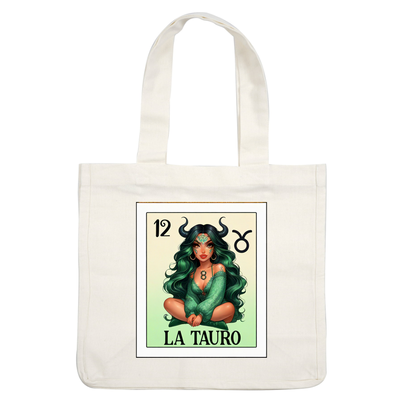 Una ilustración mística de una mujer vestida de verde con cuernos, que representa el signo zodiacal Tauro, titulada "La Tauro".