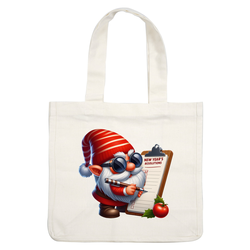 Un gnomo alegre con un sombrero de rayas rojas sosteniendo una lista de verificación titulada "Resoluciones de Año Nuevo", listo para anotar ideas.