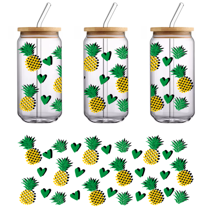 A vibrant pattern featuring playful pineapples and green hearts, perfect for adding a tropical touch to any design.UV Transfers dtf transfers