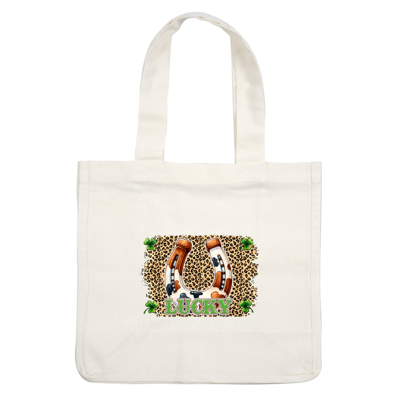 A vibrant illustration featuring a lucky horseshoe adorned with a leopard print background and shamrocks, emphasizing good fortune. dtf prints