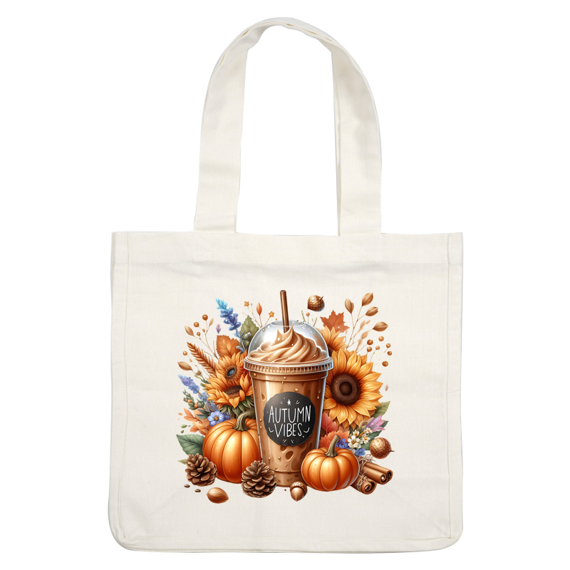 A festive autumn-themed drink featuring a creamy frappe topped with whipped cream, surrounded by pumpkins and sunflowers. dtf prints