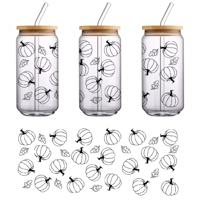 Fall theme pattern of pumpkins and leaves on a forest green background.UV Transfers