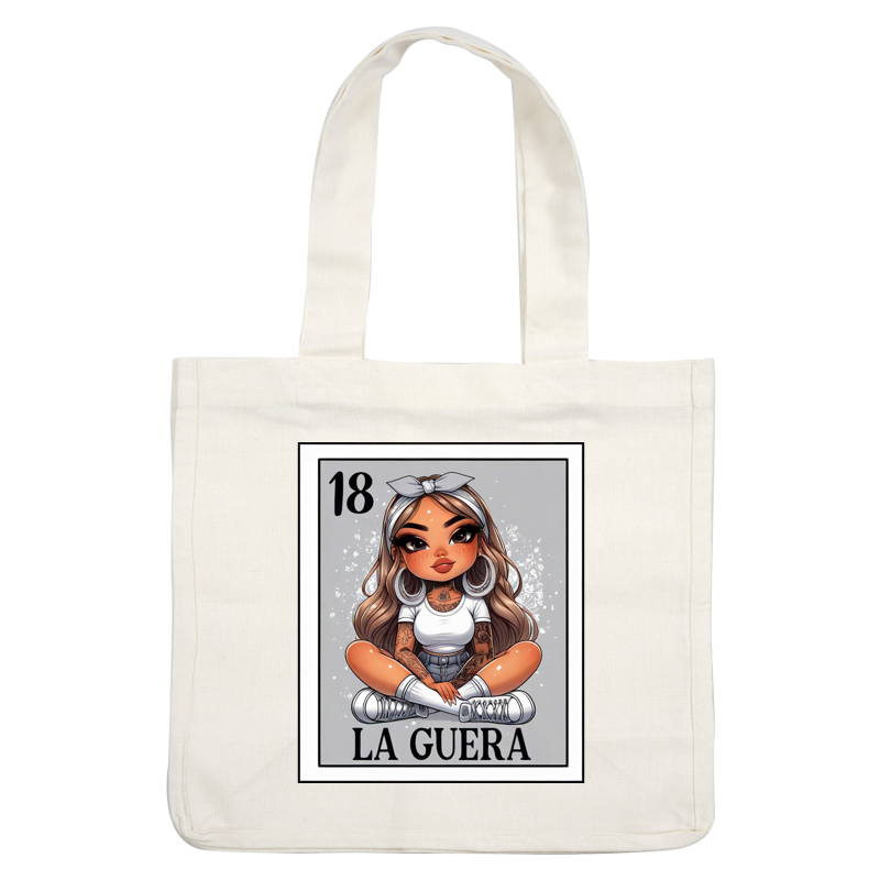 A vibrant illustration of a tattooed girl styled as "La Guera," featuring trendy attire and a playful expression. heat press transfers