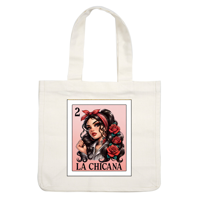 A vibrant illustration featuring a stylish woman, adorned with roses and a red bandana, representing "La Chicana" in a card design.dtf regular iron