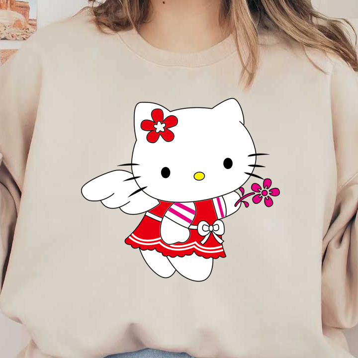 Cute Hello Kitty DTF Transfers Red Outfit with Flower Accessory | MakeDTF