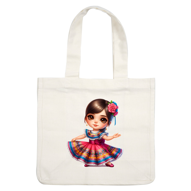 A charming young girl in a vibrant traditional dress, adorned with colorful patterns and a floral hair accessory, exuding cultural joy. heat press transfers