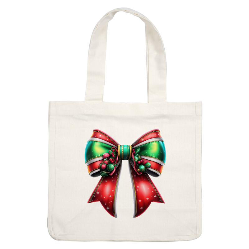 Este vibrante lazo navideño presenta llamativos colores rojo y verde, adornado con adornos festivos y un diseño alegre.