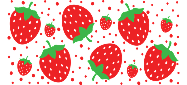 A playful pattern featuring vibrant red strawberries of various sizes, accented with green leaves, perfect for a summer theme.UV Transfers dtf prints