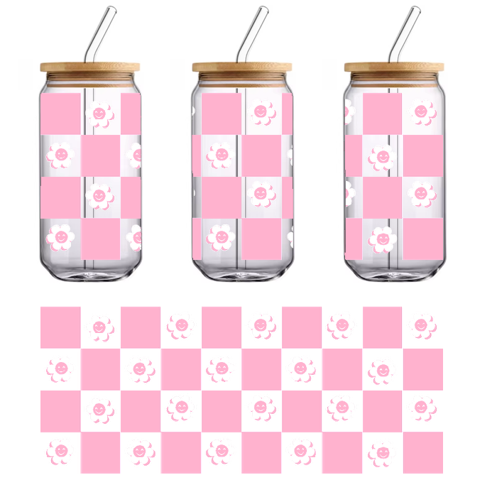 A green background with white flowers on pink squares.UV Transfers