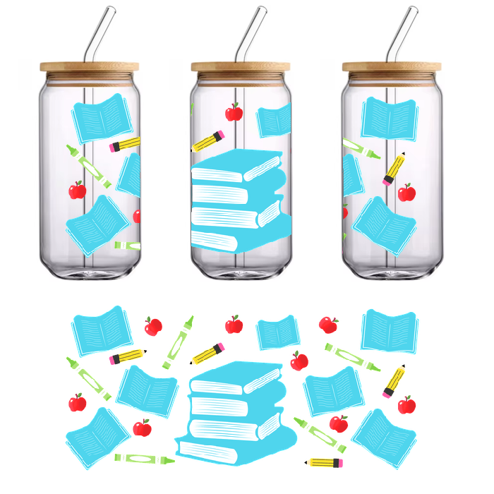 A pile of books and school supplies surround an empty space.UV Transfers