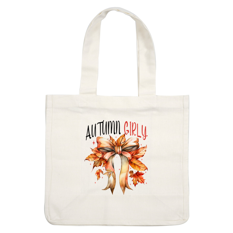 A vibrant, autumn-themed bow adorned with colorful leaves and accompanied by the playful word "Girly."dtf regular iron