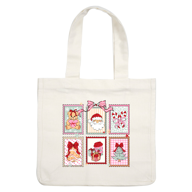 A cheerful collection of six festive stamps featuring holiday symbols and characters.DTF Transfers