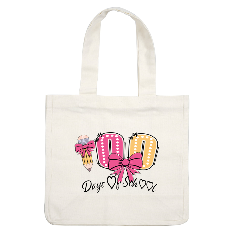 Celebrate with this playful design featuring a pencil and vibrant bows, showcasing a cheerful "100" in bright colors!DTF Transfers