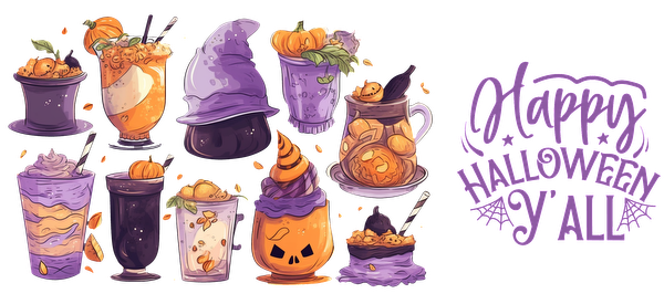A festive collection of colorful Halloween-themed drinks and treats, complete with playful designs and a cheerful "Happy Halloween Y'all" message.UV Transfersdtf regular iron