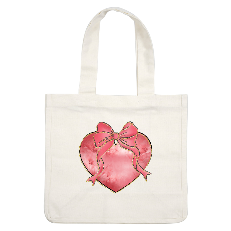 A charming pink heart adorned with a ribbon, featuring a delicate floral background and a sparkling gold outline.DTF Transfers