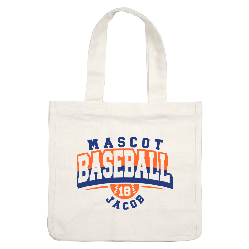 Un gráfico vibrante con temática de béisbol que presenta "Mascota" y "Jacob 18" en letras en negrita, perfecto para una camiseta de equipo o producto promocional. Transferencias DTF
