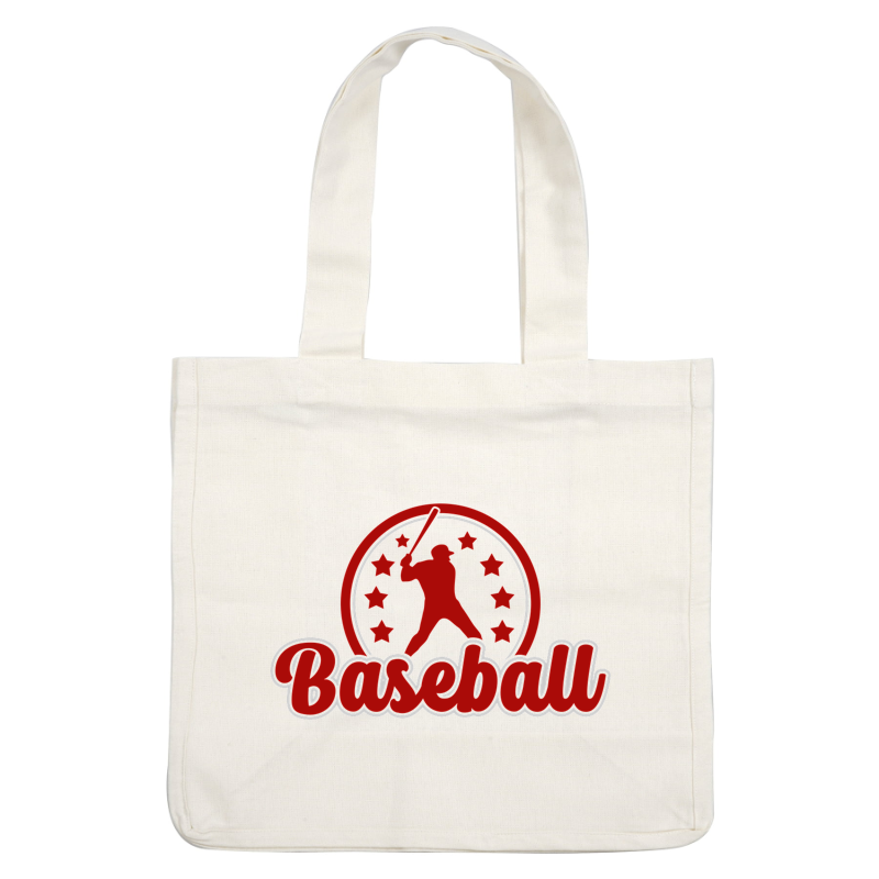 A bold baseball-themed logo featuring a silhouetted player and stars, with "Baseball" prominently displayed in red.DTF Transfers dtf prints