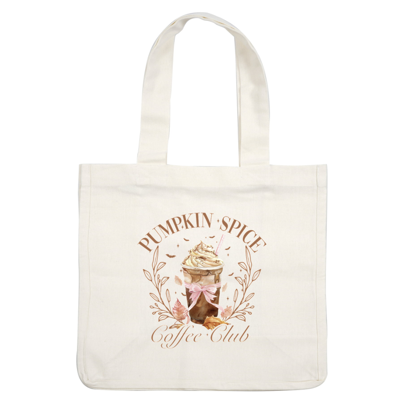 Delight in autumn flavors with this whimsical pumpkin spice iced coffee adorned with a pink bow and surrounded by leaves.dtf regular iron