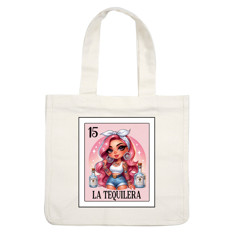 A vibrant illustration featuring a stylish young woman with pink hair and tattoos, framed by two tequila bottles and the title "La Tequilera." dtf prints