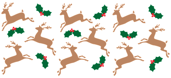 Un patrón festivo con renos saltando y hojas de acebo, perfecto para agregar alegría navideña a cualquier decoración. Transferencias UV