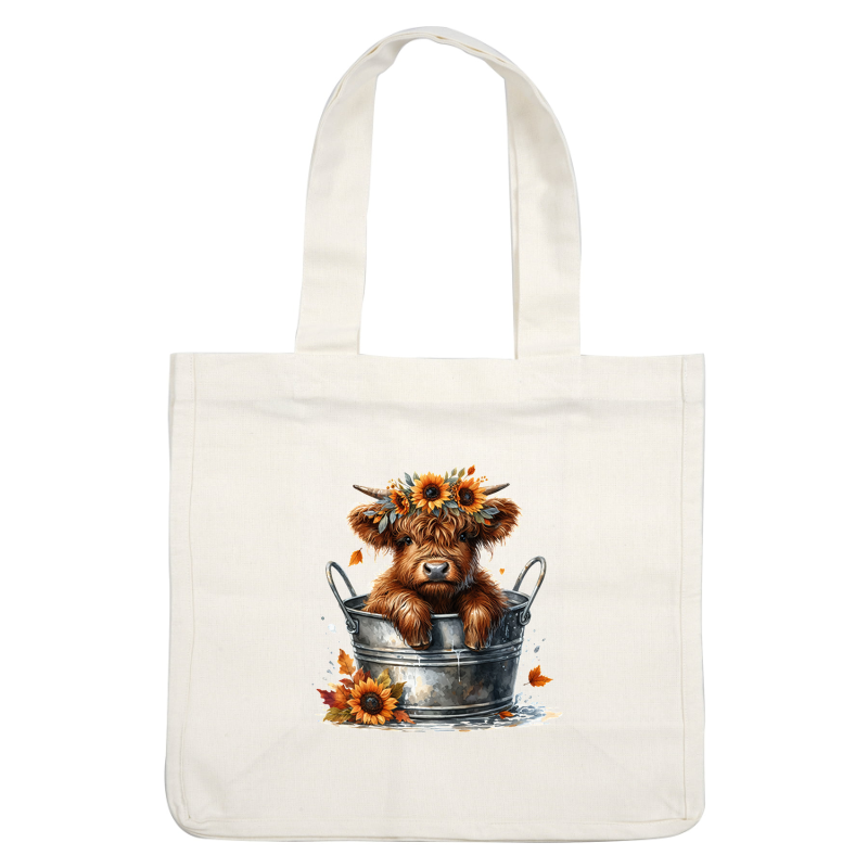 A charming Highland cow sits in a bucket, adorned with a wreath of sunflowers, surrounded by autumn leaves.dtf regular iron