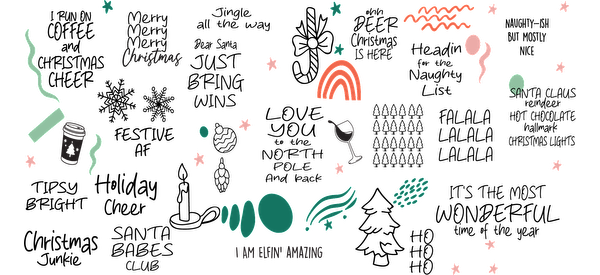 Una ilustración divertida y colorida que presenta varias formas extravagantes, incluido un arcoíris, plantas y patrones abstractos. Transferencias UV