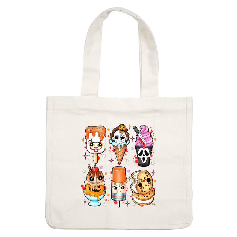 A fun collection of Halloween-themed desserts featuring spooky ice cream, popsicles, and treats, all with playful, chilling designs. heat press transfers