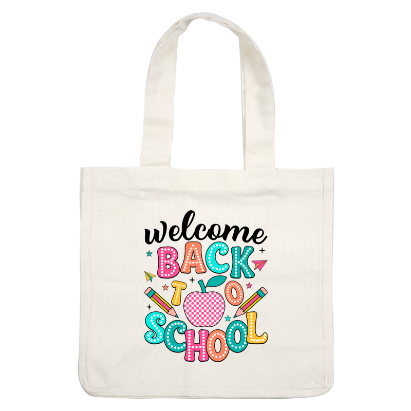 Cheerful "Back to School" design featuring colorful letters, a checkered apple, and playful school supplies like pencils and paper airplanes.DTF Transfers