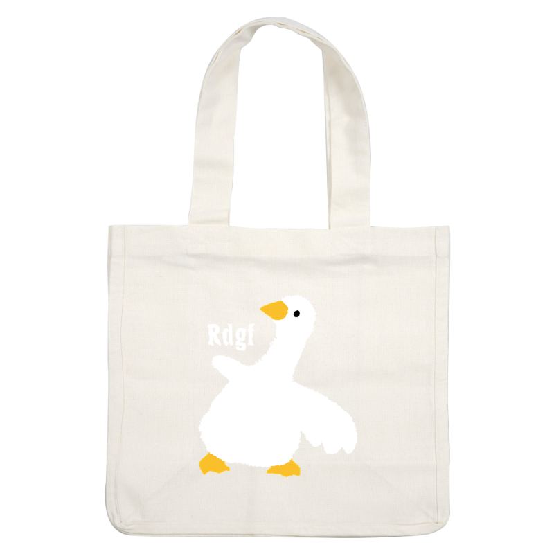 A quirky, cartoon-style white goose with a yellow beak and feet, playfully displaying the text "Rdgf." dtf prints