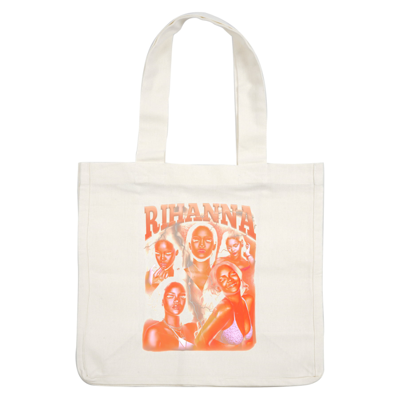 Un gráfico vibrante que presenta múltiples imágenes estilizadas de Rihanna con letras llamativas, que muestran su presencia y belleza icónicas. Transferencias DTF
