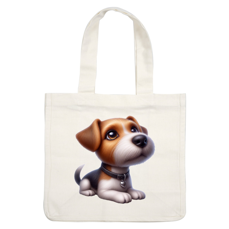Adorable cartoon beagle puppy with big eyes, a heart-shaped tag, and a soft fur pattern in brown and black.dtf regular iron