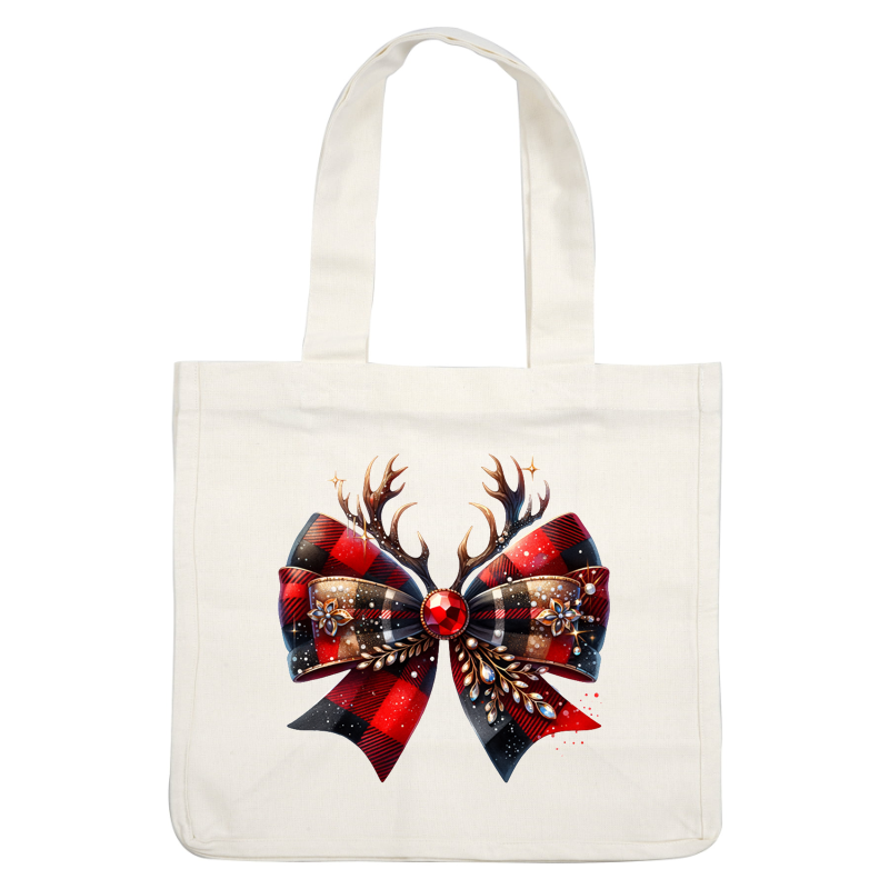 Lazo festivo a cuadros rojos y negros adornado con joyas y astas, perfecto para decoraciones navideñas o para envolver regalos.