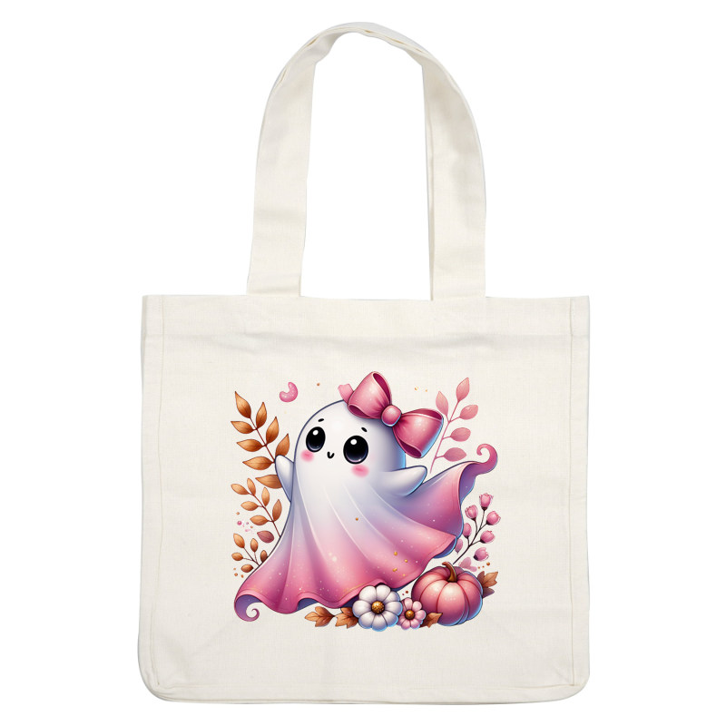 This adorable ghost character features a pink bow, a cheerful expression, and is surrounded by autumn leaves and flowers.