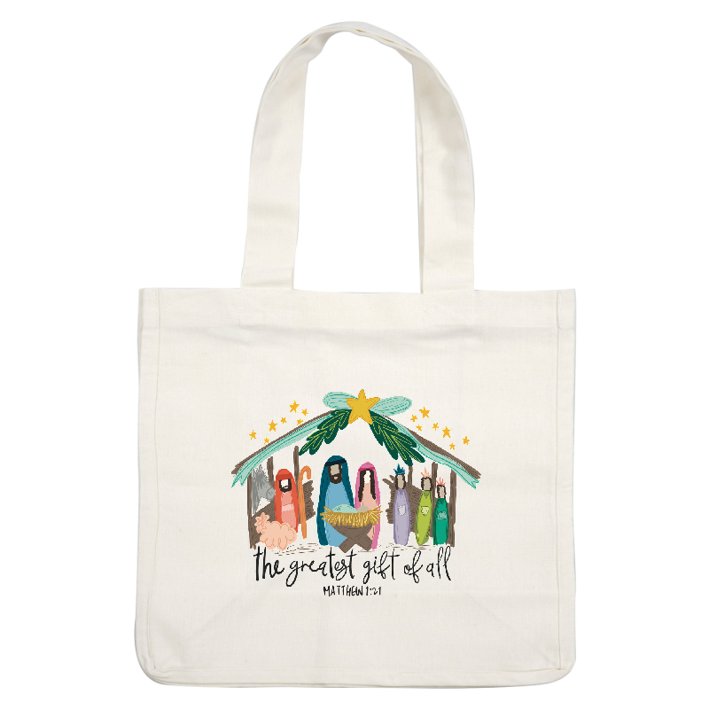 A whimsical illustration of a nativity scene, featuring colorful figures around a manger, with "the greatest gift of all" text.DTF Transfers